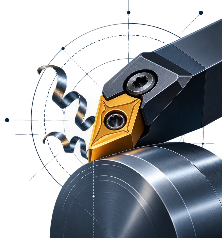 Industrial cutting insert machining a cylindrical metal workpiece.